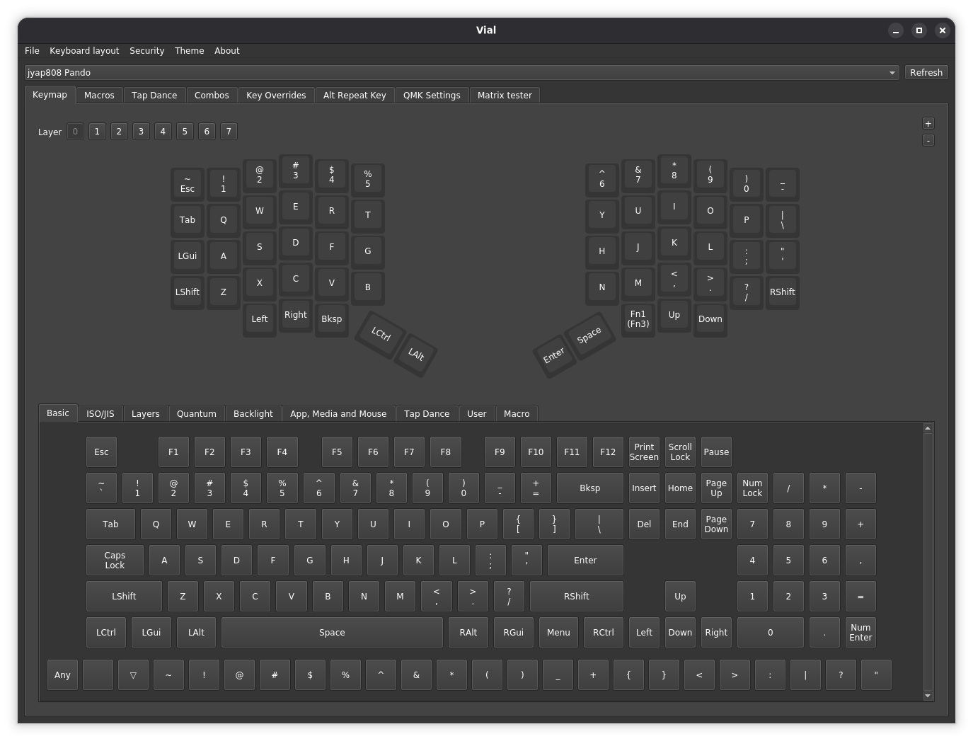 Vial application showing Pando keyboard configuration