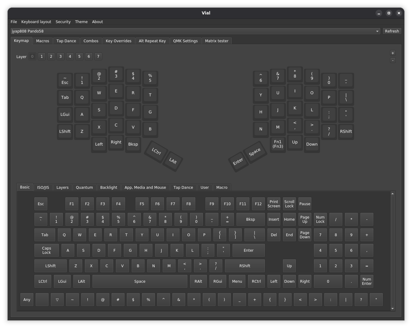 Vial application showing Pando58 keyboard configuration